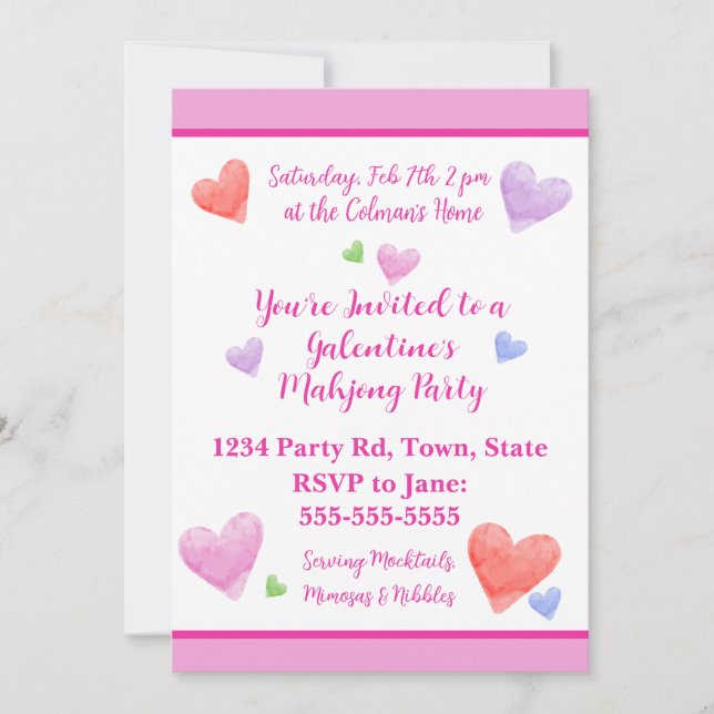 Galentine's Mahjong Party Watercolor Hearts Invitation (Front)