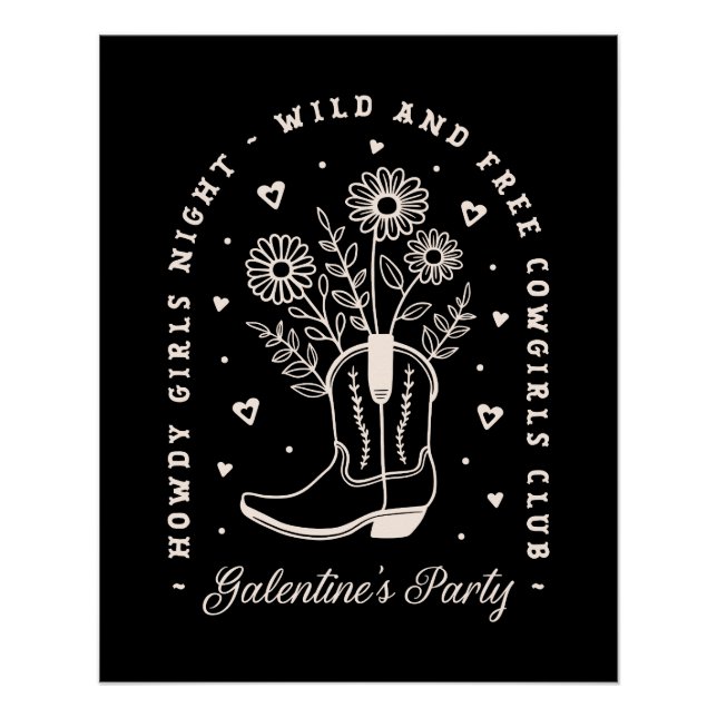 Galentines party girls night cowgirl western black poster (Front)