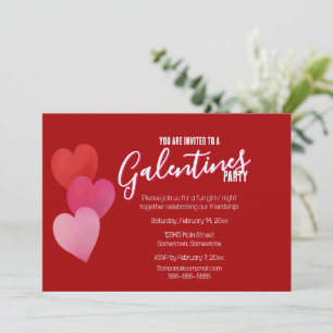 Galentines Party with 3 Hearts on Red Invitation