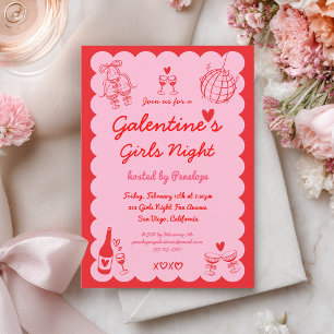 Galentine's Pink Red Hand Drawn Girls Night Party Invitation