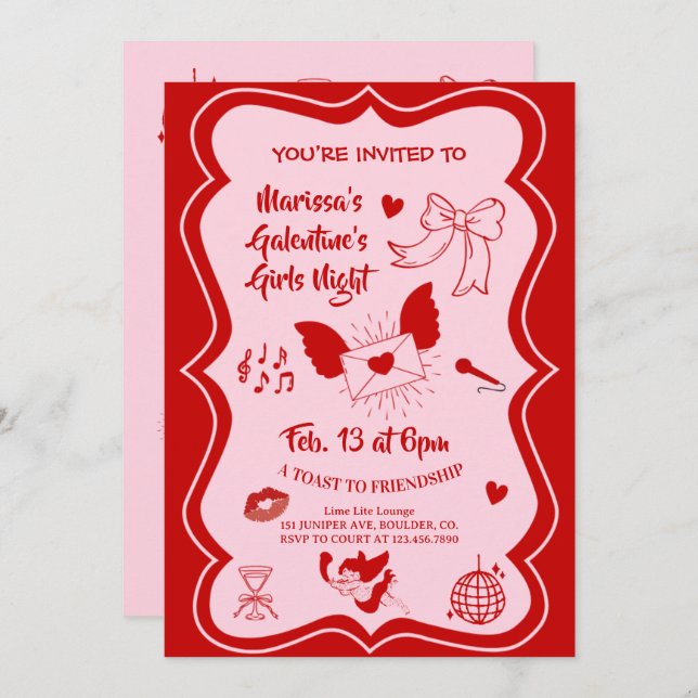 Galentine's Pink Red Hand Drawn Night Party Invitation (Front/Back)