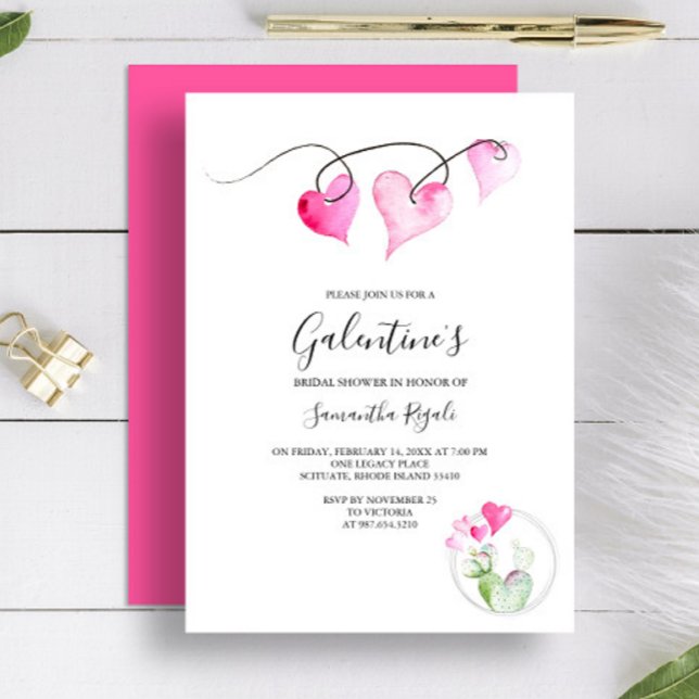 Galentines Themed Bridal Shower Invitation (Bridal shower invitation for Valentine's Day features watercolor pink hearts and cactus Victoria )