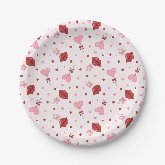 Galentine's Valentine Pink Heart Lollipop Design Paper Plate (Front)