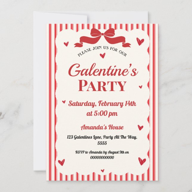 Galentines Valentines Party Coquette Bow Red Heart Invitation (Front)