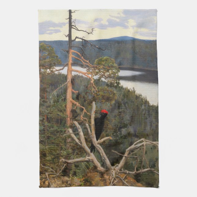 Gallen-Kallela - Great Black Woodpecker 1894 Tea Towel (Vertical)