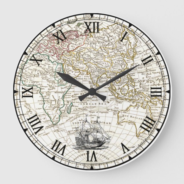 Galleon Sailing Ship ~ 1789 Eastern Hemisphere Map Large Clock (Front)