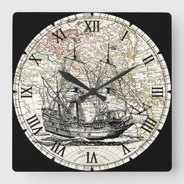 Galleon Sailing Ship~1789 Eastern Hemisphere Map~ Square Wall Clock (Front)