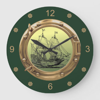 Galleon Sailing Ship ~ Brass Porthole ~ Large Clock