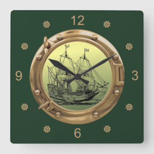 Galleon Sailing Ship ~ Brass Porthole ~  Square Wall Clock