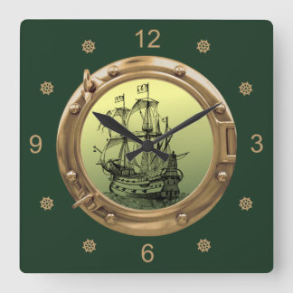 Galleon Sailing Ship ~ Brass Porthole ~ Square Wall Clock