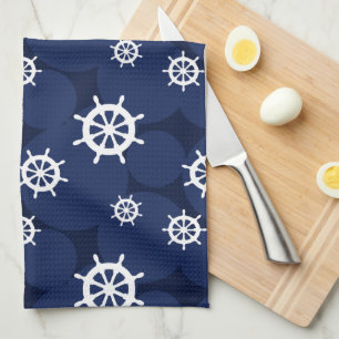 Galley Kitchen Ships Wheels Navy Blue and White Tea Towel