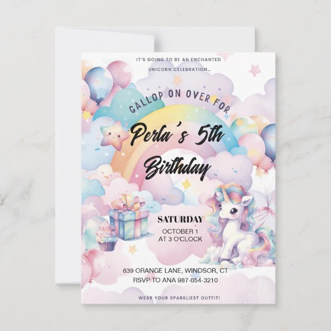 Gallop on Over the Rainbow unicorn Invitation  (Front)