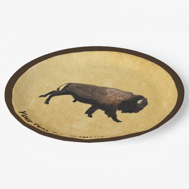 Galloping Bison On Old Paper Paper Plate (Angled)