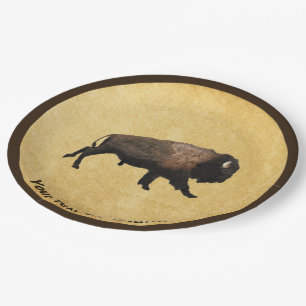 Galloping Bison On Old Paper Plate