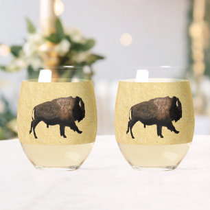 Galloping Bison On Old Paper Stemless Wine Glass