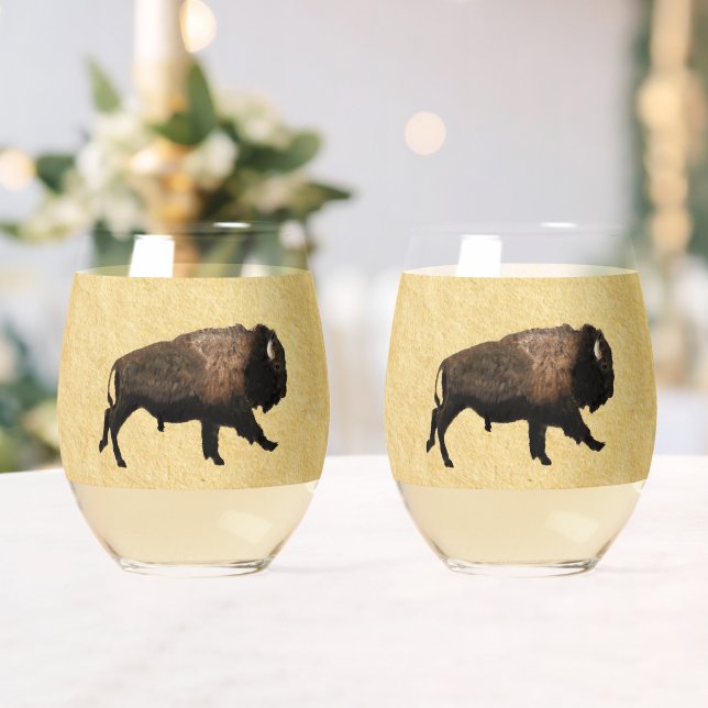 Galloping Bison On Old Paper Stemless Wine Glass (Insitu (Wedding))