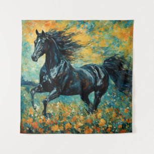 Galloping Black Stallion Tapestry
