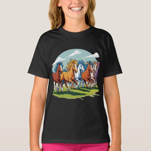 Galloping Cartoon Horses – Animated Herd T-Shirt (Front)