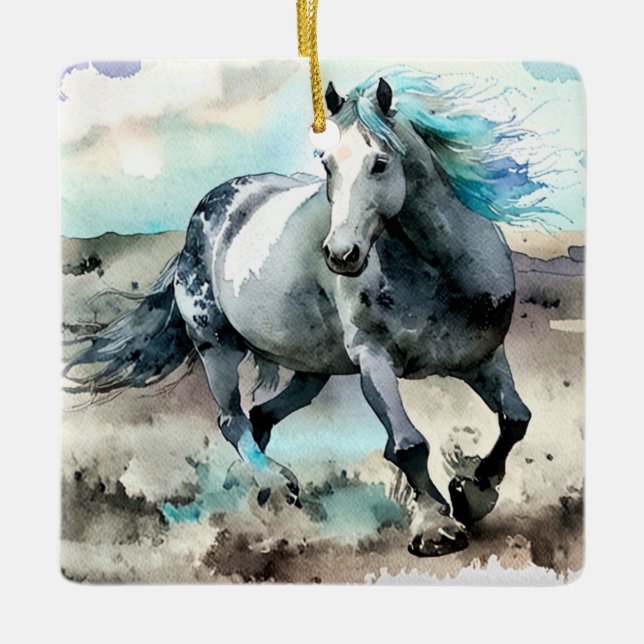 Galloping Draught Horse Watercolour  Ceramic Ornament (Front)