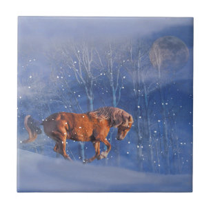 Galloping Horse and Moon in the Snow Art Tile