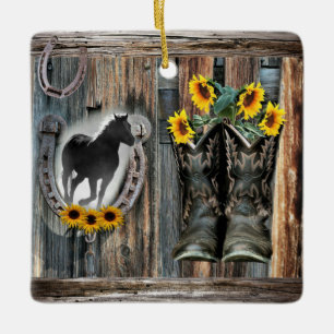 Galloping Horse Cowboy Boots Horseshoe Sunflowers  Ceramic Ornament