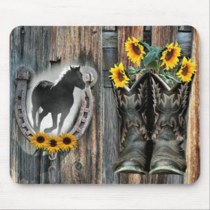 Galloping Horse Cowboy Boots Horseshoe Sunflowers Mouse Mat