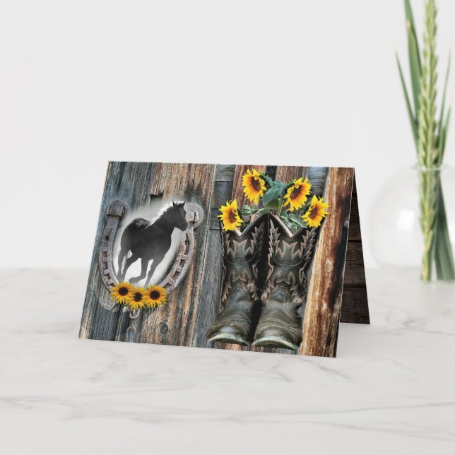 Galloping Horse Cowboy Boots Horseshoe Sunflowers Thank You Card (Front)