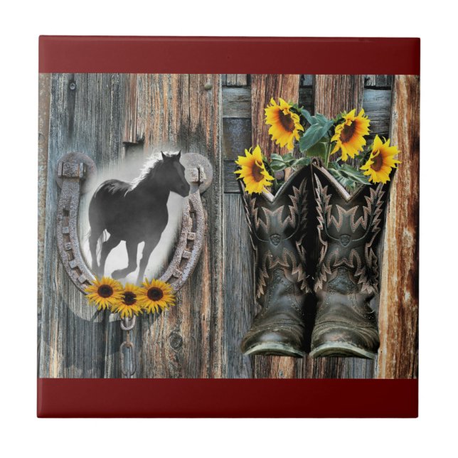 Galloping Horse Cowboy Boots Horseshoe Sunflowers Tile (Front)