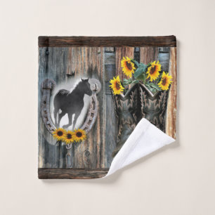 Galloping Horse Cowboy Boots Horseshoe Sunflowers Wash Cloth