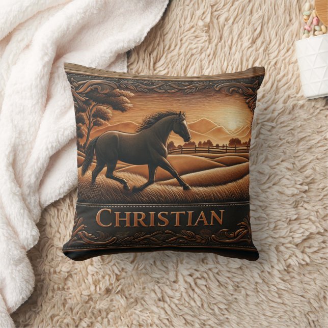 Galloping Horse in Scenic Landscape at Sunset Cushion (Blanket)