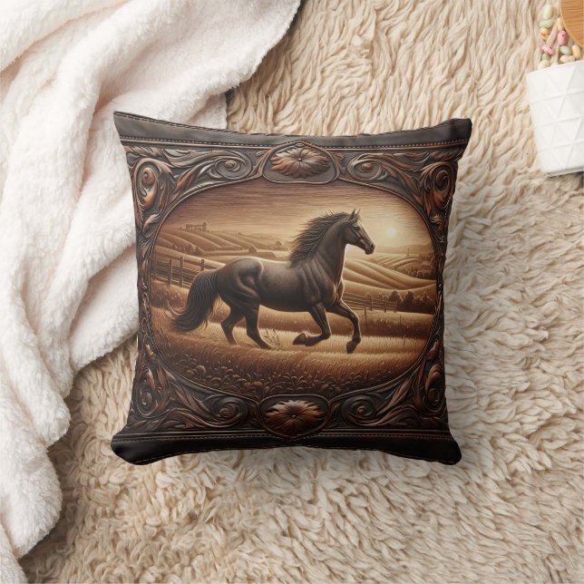 Galloping Horse in Sunset Field Landscape Cushion (Blanket)