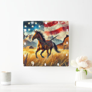 Galloping Horse Patriotic Square Wall Clock