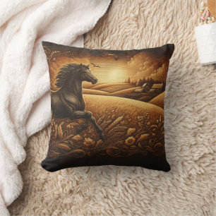 Galloping Horse Through Golden Fields at Sunset Cushion