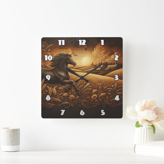 Galloping Horse Through Golden Fields at Sunset Square Wall Clock (Home)