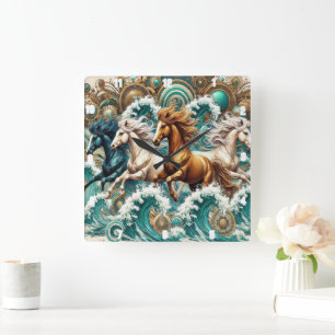 Galloping Horses Waves Square Wall Clock
