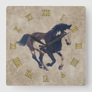 Galloping Pinto American Paint Stallion Horse Square Wall Clock