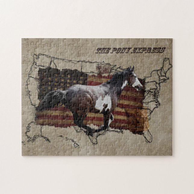 Galloping Pinto Paint USA Pony Express Horse Jigsaw Puzzle (Horizontal)