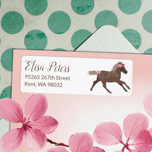 Galloping Pony Pink Roses Return Address Label (galloping brown pony wearing pink roses on head pony ride birthday party theme address label mailing)