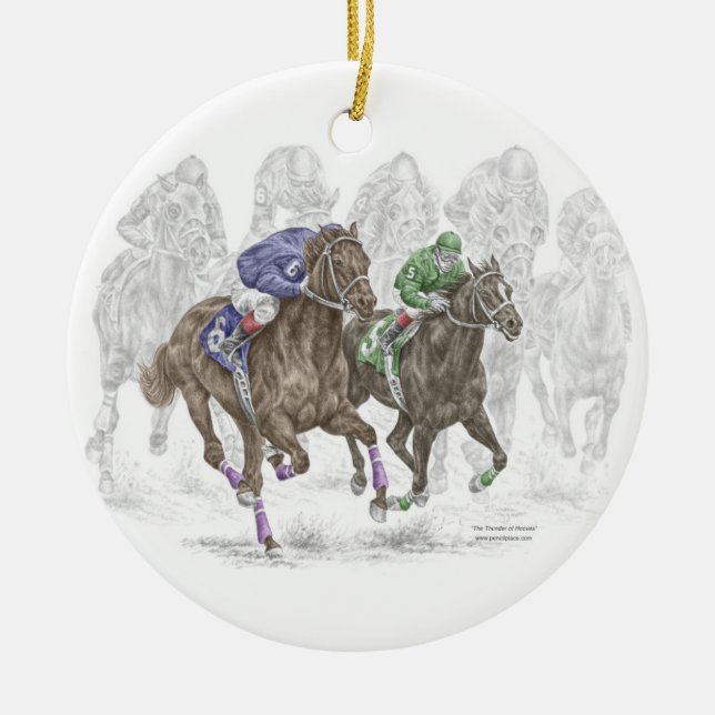 Galloping Race Horses Ceramic Tree Decoration (Front)