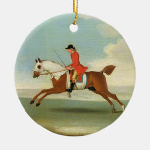 Galloping Racehorse and mounted Jockey in Red (oil Ceramic Tree Decoration