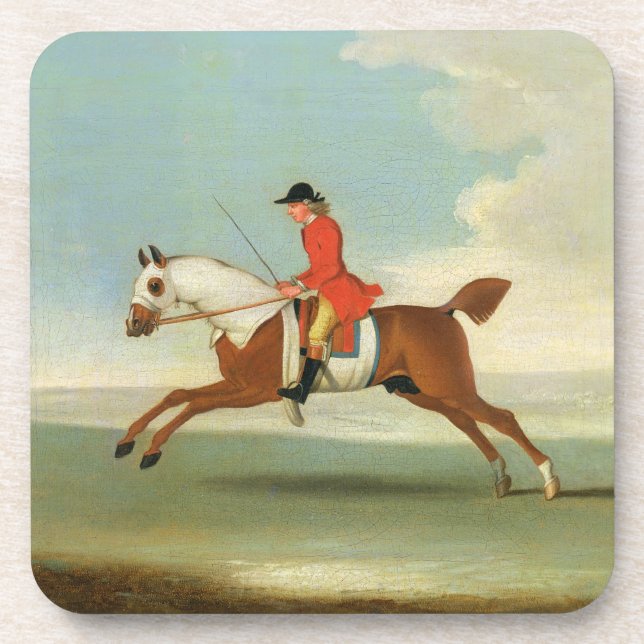 Galloping Racehorse and mounted Jockey in Red (oil Coaster (Front)