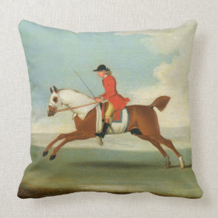 Galloping Racehorse and mounted Jockey in Red (oil Cushion