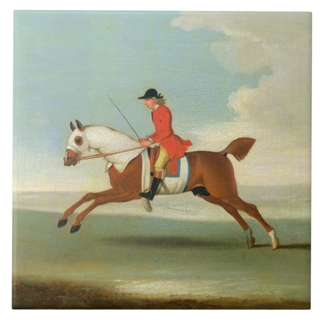 Galloping Racehorse and mounted Jockey in Red (oil Tile (Front)