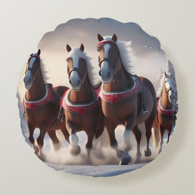 Galloping Through the Snow: Santa’s Magical Horses Round Cushion (Front)