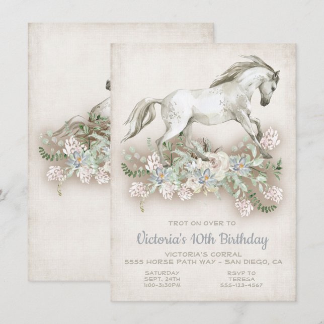 Galloping White Horse Birthday Party Invitation (Front/Back)