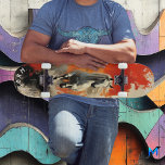 Galloping White Stallion in Fiery Sunset, Retro Skateboard<br><div class="desc">This powerful skateboard design features a majestic white stallion charging through water under a fiery sunset sky, symbolising freedom and untamed spirit. Inspired by retro 1950s travel posters, the design uses a vivid palette of warm oranges, deep shadows, and dynamic textures to evoke a sense of raw energy and movement....</div>