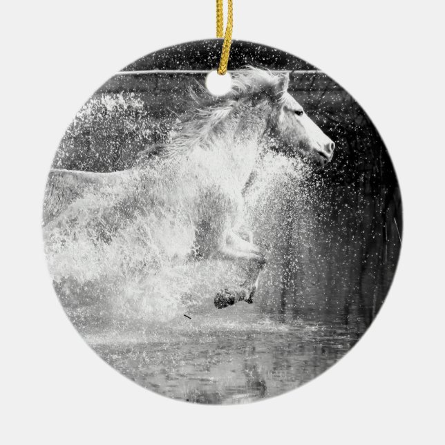 Galloping White Water Horse Ceramic Tree Decoration (Front)