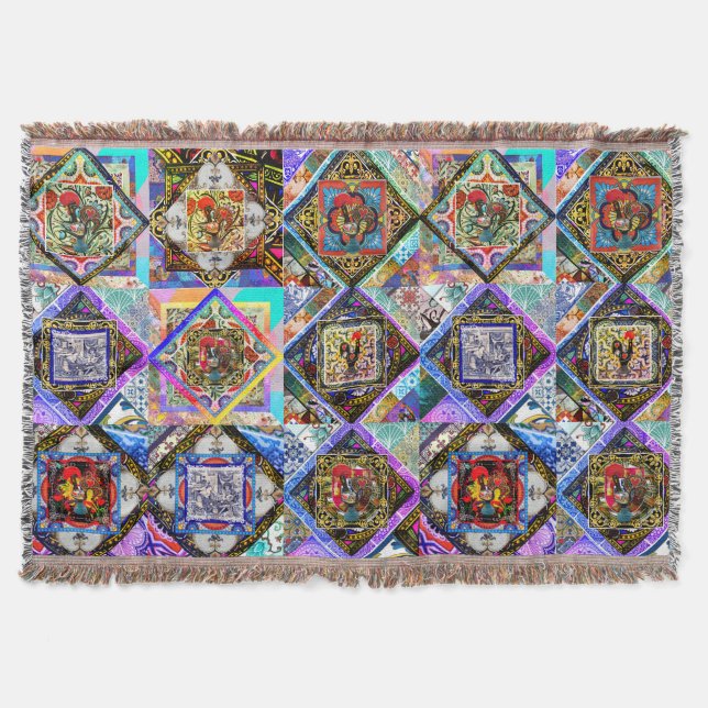 GALO DE BARCELOS, PORTUGUESE FOLK ART THROW BLANKET (Front)