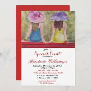 GALS REMINISCING ON A RED PARK BENCH PARTY  INVITE