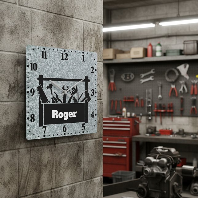 Galvanised metal with toolbox personalised square wall clock (Creator Uploaded)